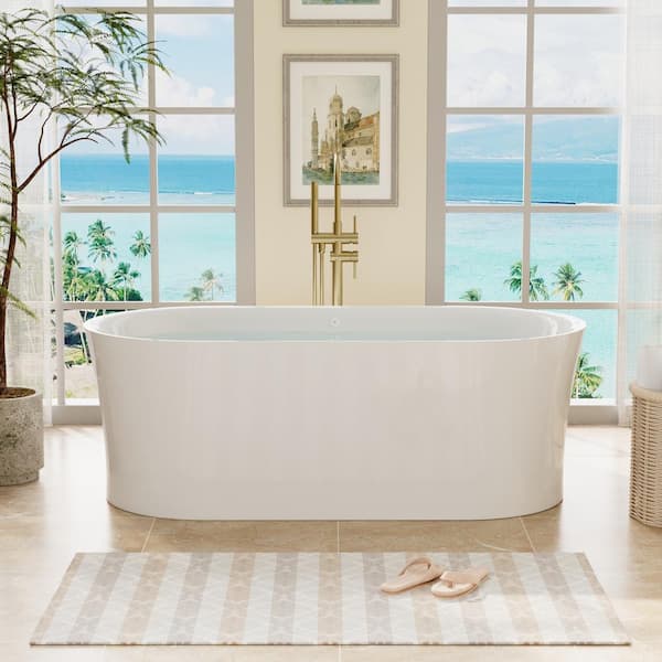 FORCLOVER 67 in. x 31.5 in. Acrylic Freestanding Flat Bottom Air Bubble Massage and LED Bathtub with Drain and Overflow in White
