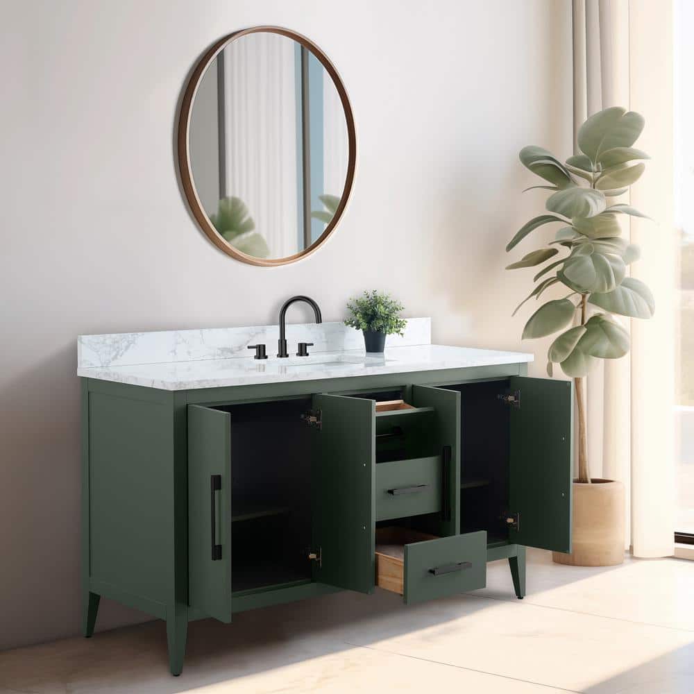 60'' Vintage Green MDF Single Sink Bathroom Vanity with White Marble Top