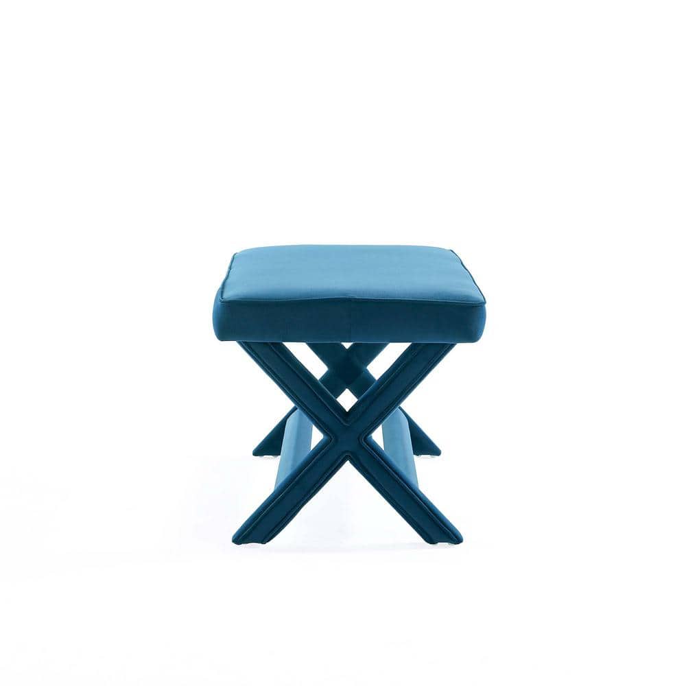 Abigail Blue Velvet Upholstered Double Ottoman with Solid Wood Frame
