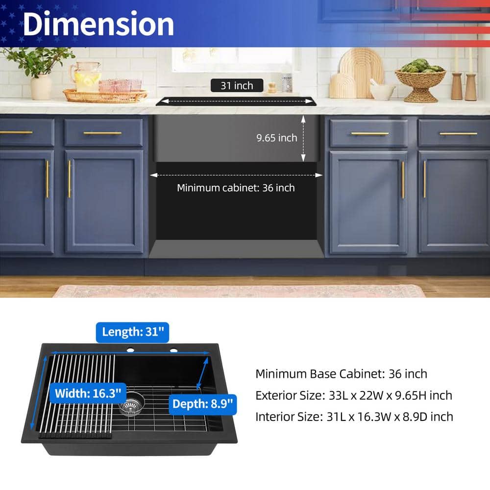 33'' Matte Black Quartzite Single Bowl Kitchen Sink