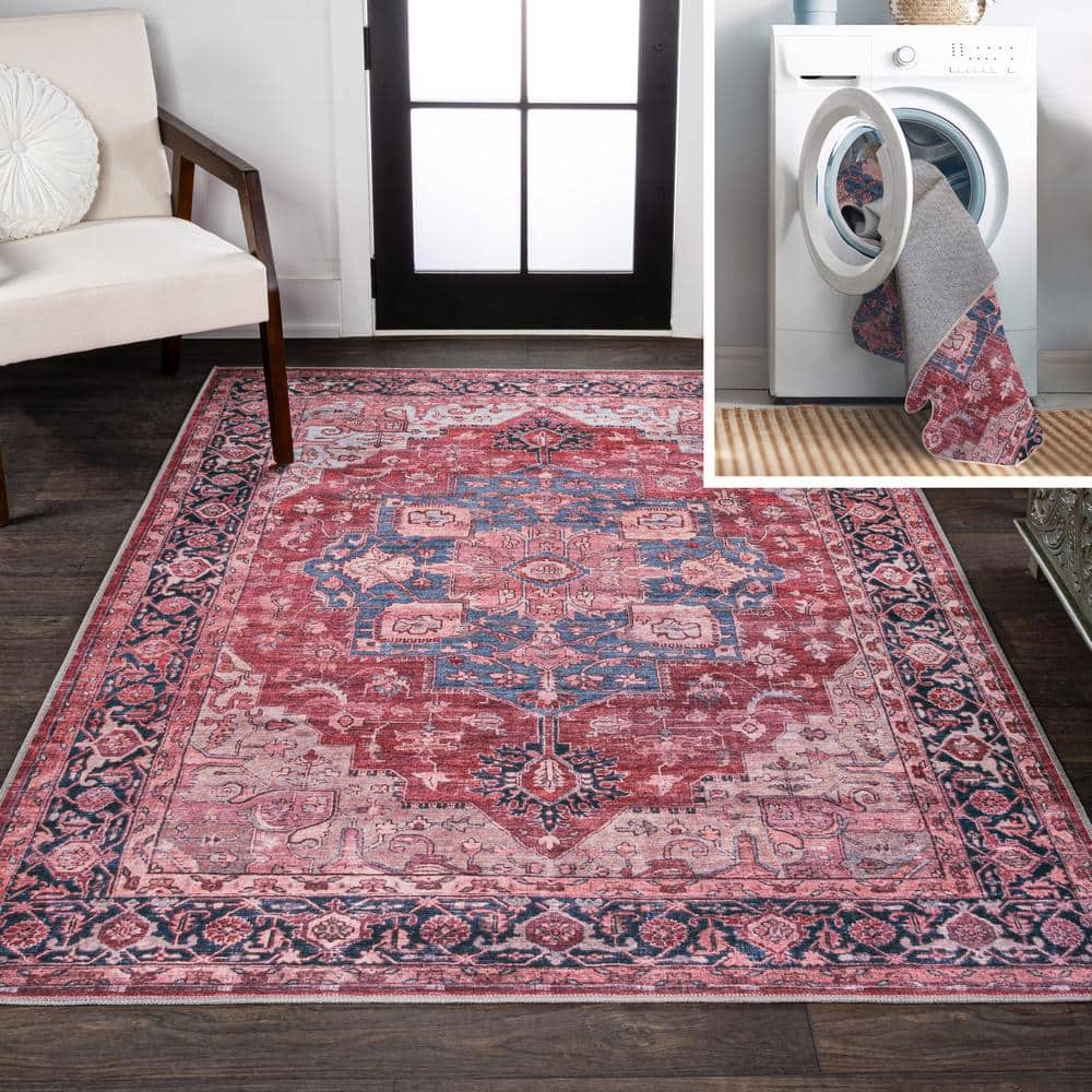 Maris Ornate Medallion Machine-Washable Red/Black/Blue Chenille 4' x 6' Area Rug