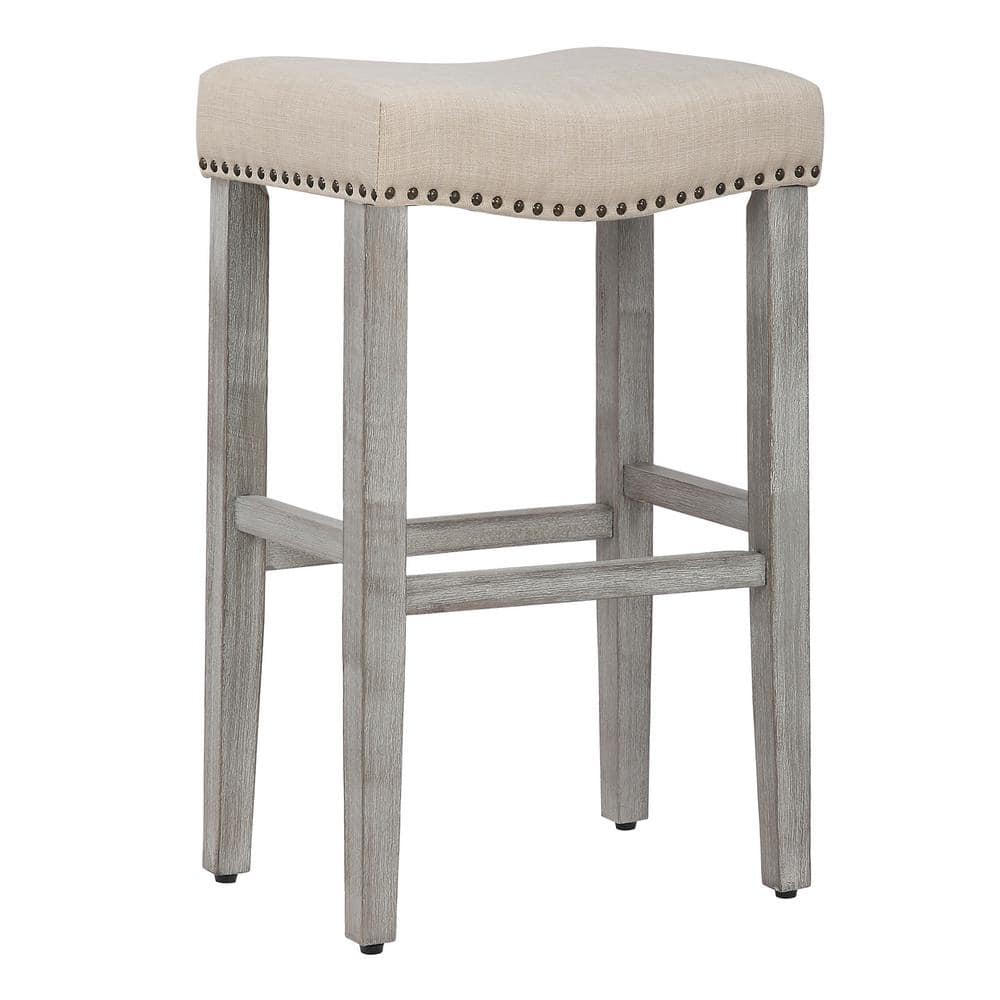 Jameson 29 in. Bar Height Antique Gray Wood Backless Nailhead Trim Barstool with Upholstered Beige Linen Saddle Seat price history on PriceWatchPro