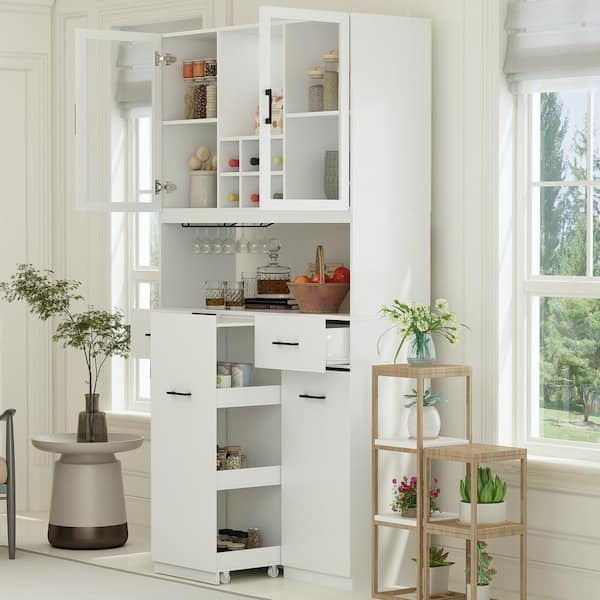 FUFU&GAGA 6-Door Kitchen Pantry Cabinet Storage Hutch with Microwave Stand in White | LJY-KF020261-01+02