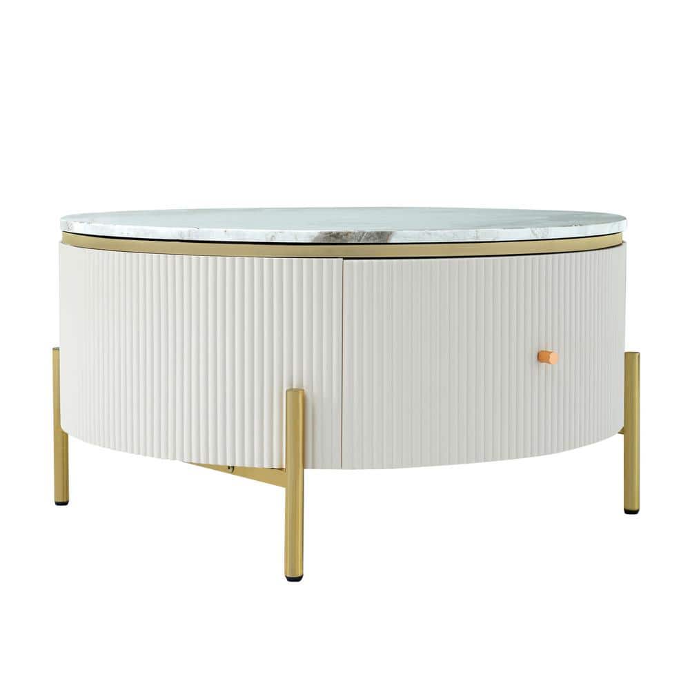 31.5 in. White Round MDF Coffee Table with 2 Large Drawers Storage Accent Table