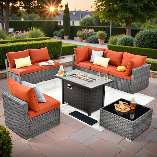 Elora Gray 8-Piece Wicker Outdoor Sectional Set with 42"Fire Pit, Orange Red Cushion &Coffee Table for Outdoor Living