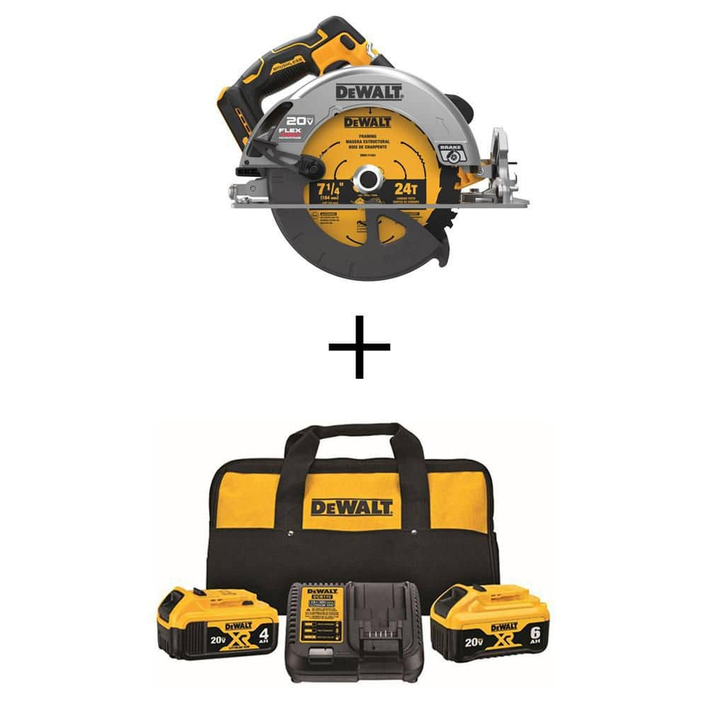 DEWALT 20V MAX Cordless Brushless 7-1/4 in. Circular Saw, (1) 20V 6.0Ah and (1) 20V 4.0Ah Batteries, and Charger