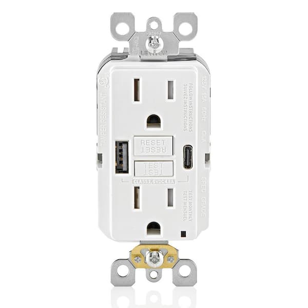 Photo 1 of 15 Amp SmartlockPro Self-Test GFCI Combination 24-Watt (4.8 Amp) Type A/C USB In-Wall Charger Duplex Outlet, White