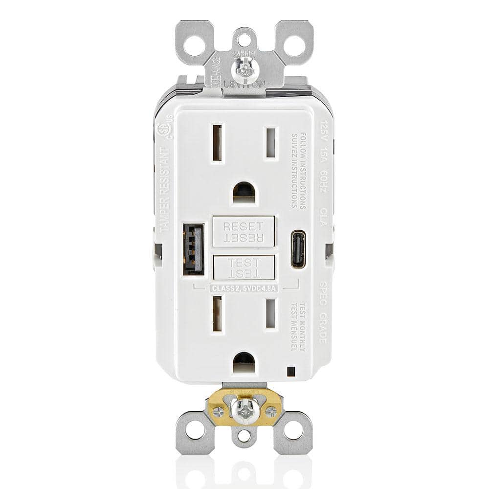 Leviton 15 Amp SmartlockPro Self-Test GFCI Combination 24-Watt (4.8 Amp) Type A/C USB In-Wall Charger Duplex Outlet, White R02-GUAC1-0BW - The Home Depot