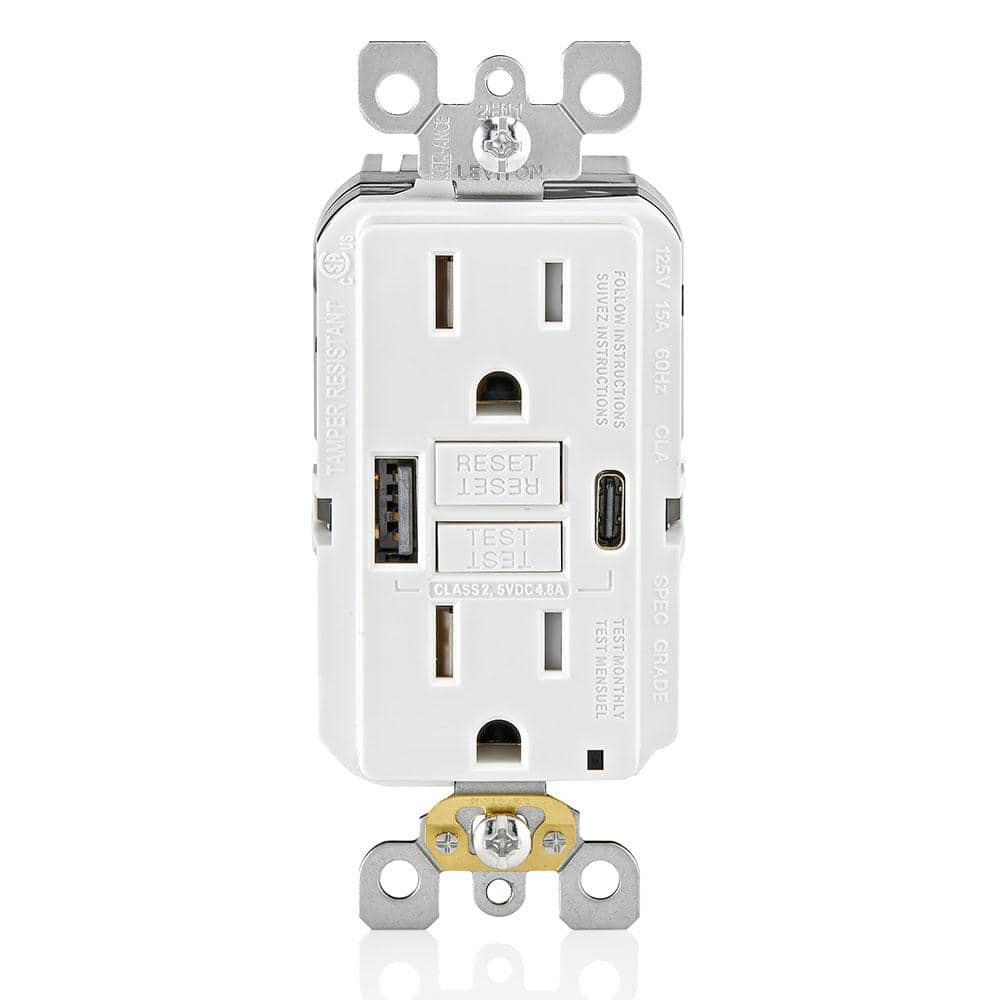 Leviton 15 Amp SmartlockPro Self-Test GFCI Combination 24-Watt (4.8 Amp) Type a/C USB in-Wall Charger Duplex Outlet  White