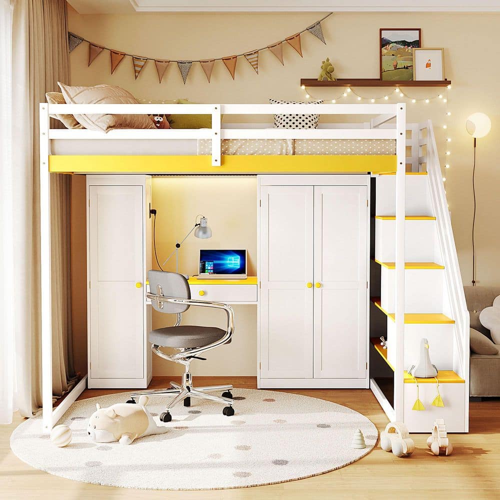 Polibi White Full Wood Loft Bed with Storage Staircase, Mirror and