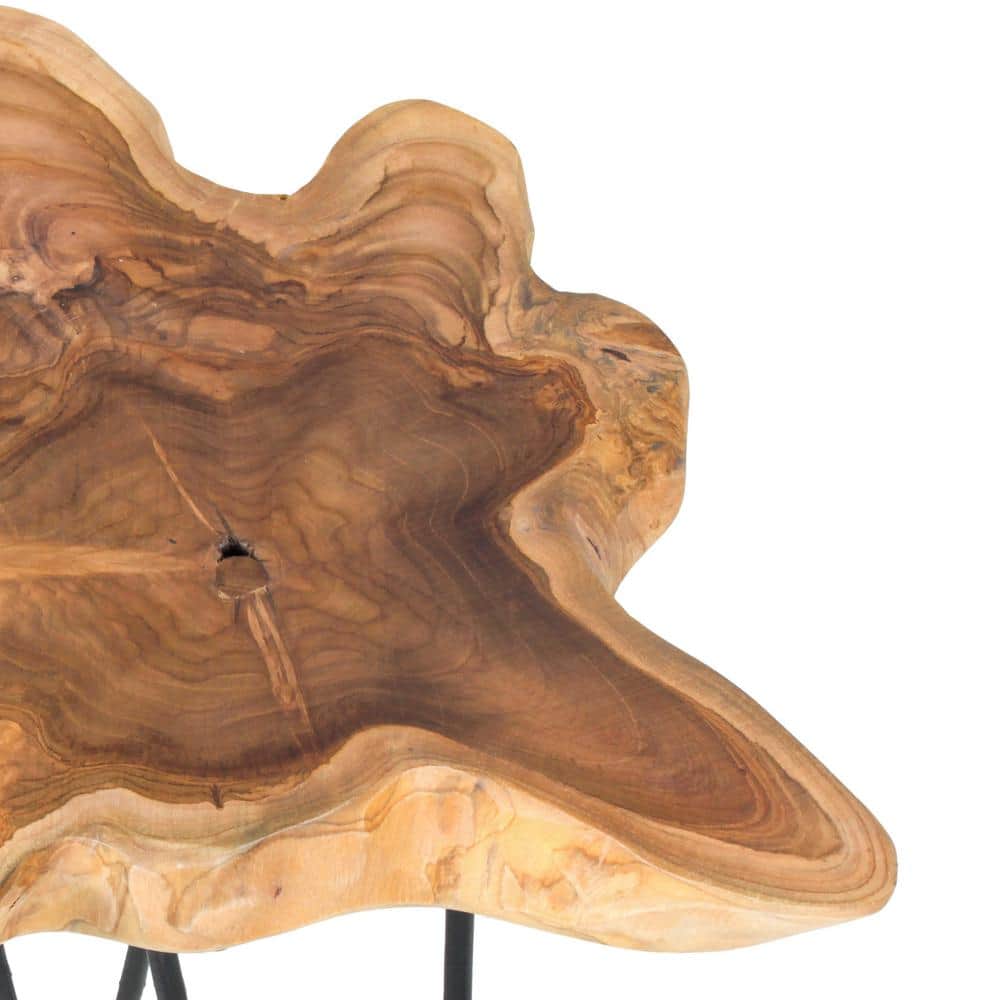 Natural Live-Edge Teak Wood Round Accent Table with Metal Legs