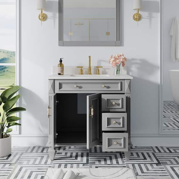 36 in.W x 22 in.D x 35 in.H Solid Wood Single Sink Bath Vanity in Titainum Grey w/ Stain-resistant Quartz Top,Soft-Close