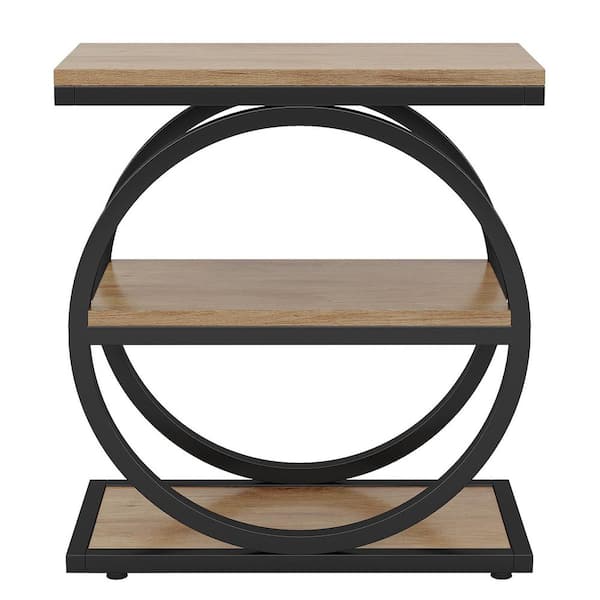 BYBLIGHT Kerlin 23.62 in. Gray Rectangle Wood End Table with 2 Tiers Storage Shelves and Geometric Base