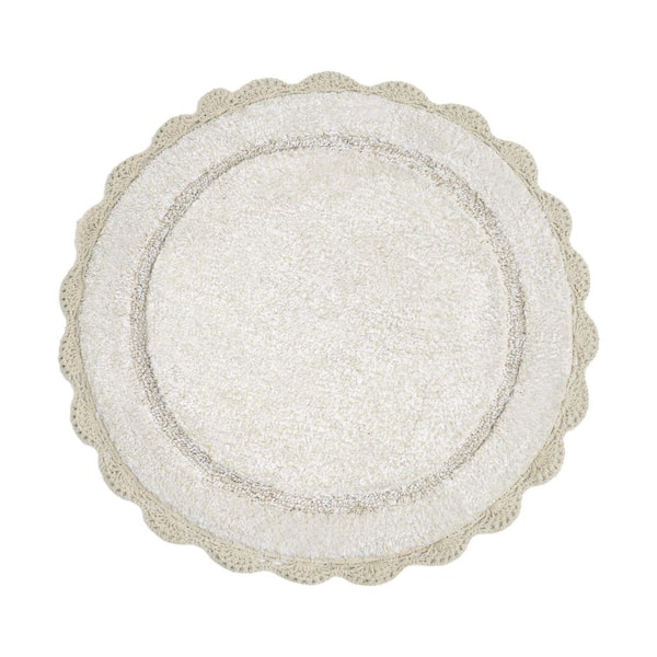 Eloise Crochet Border 26in. Beige Solid Cotton Round Bath Mat