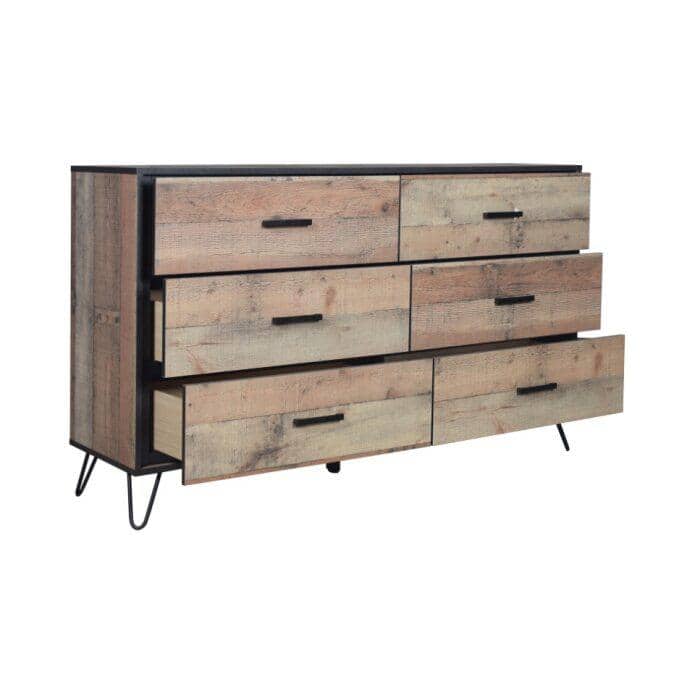 Rustic Brown Solid Wood 6-Drawer Dresser with Metal Legs
