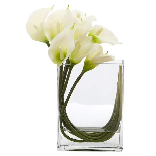 Nearly Natural 12 in. High White Calla Lily in Rectangular Glass Vase Artificial Arrangement