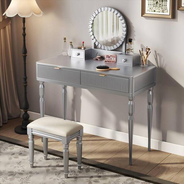 dressing table silver mirror 47" Half-Moon Mirrored Console Table Silver Entryway Dressing Vanity Desk  Black