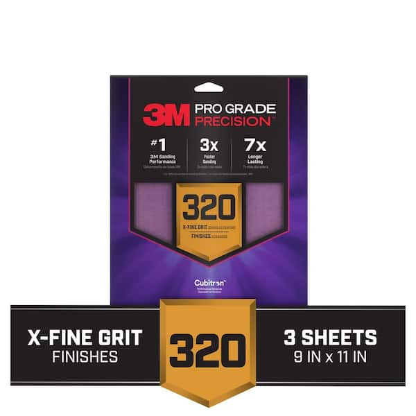 3M Pro Grade Precision 9 in. x 11 in. 320 Grit Faster Sanding Sheet With No-Slip Grip Backing (3-Pack)