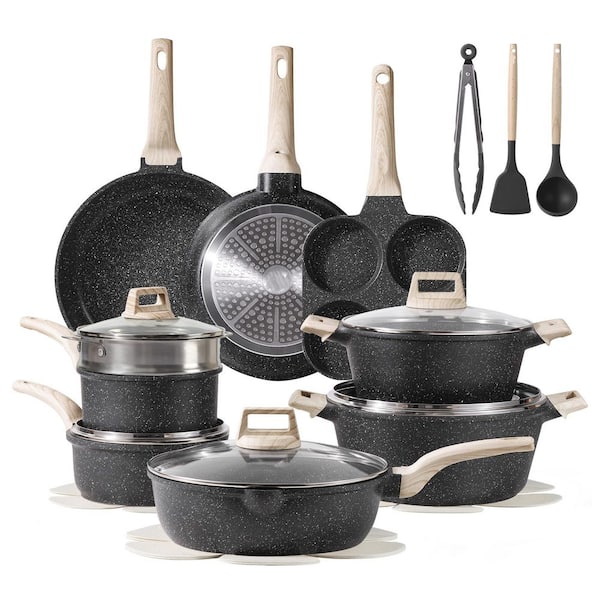 21 Piece Nonstick Pots and Pans Set, Granite Cookware Set in Black Induction Compatible with Frying Pans Saucepans