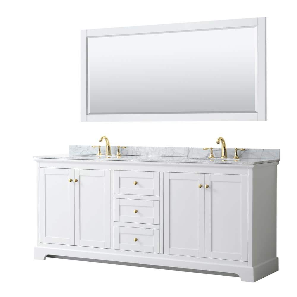 Avery 80'' White Double Bathroom Vanity with Carrara Marble Top & Brushed Gold Trim