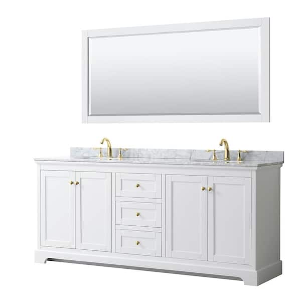 Wyndham Collection Avery 80 in. W x 22 in. D x 35 in. H Double Sink Bath Vanity in White with White Carrara Marble Top and 70 in. Mirror