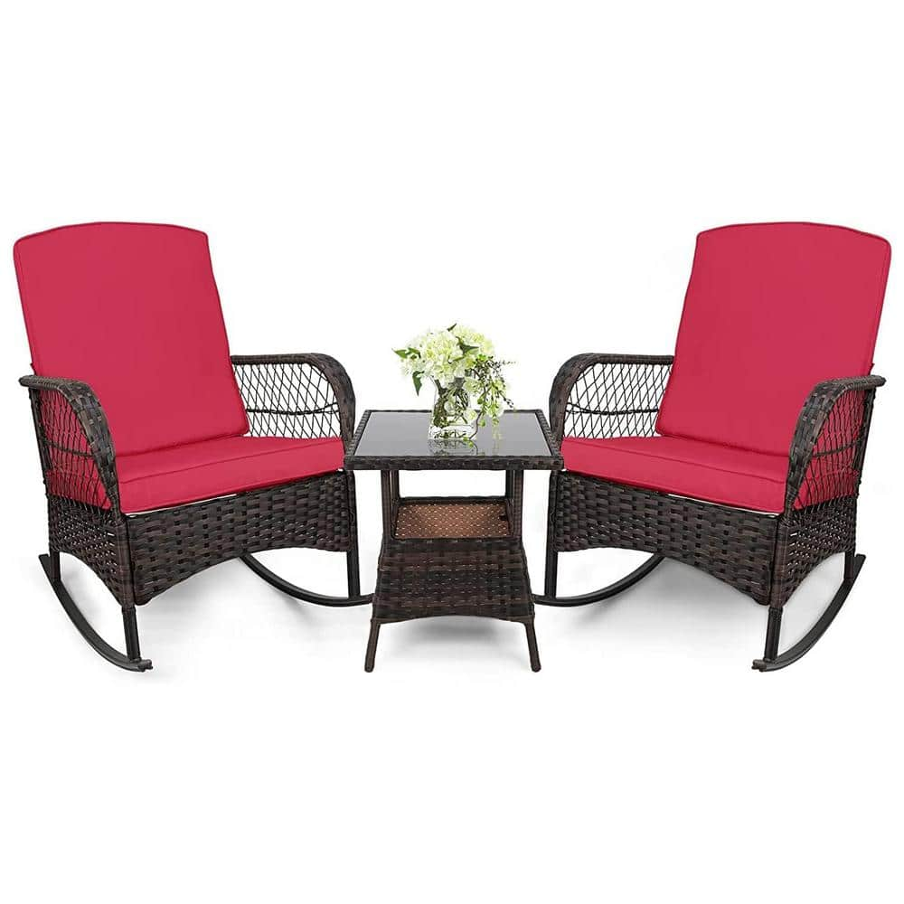 3-Piece Outdoor Wicker Rocking Bistro Set Conversation Chairs PE Rocking Chairs Set with Red -  LeveLeve, patiobistroRed