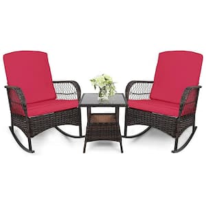 3-Piece Outdoor Wicker Rocking Bistro Set Conversation Chairs PE Rocking Chairs Set with Red
