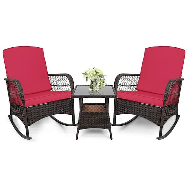 LeveLeve 3-Piece Outdoor Wicker Rocking Bistro Set Conversation Chairs PE Rocking Chairs Set with Red