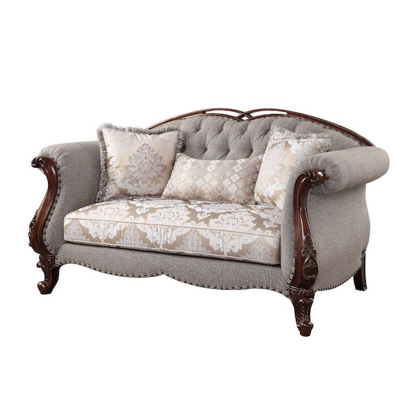Benjara 39 in. Gray and Brown Solid Fabric 2-Seater Loveseat with Button Tufted Back and Queen Anne Legs