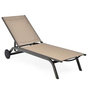 Adjustable Recliner Fabric Patio Chaise Lounge Chair Aluminum with Wheels Brown