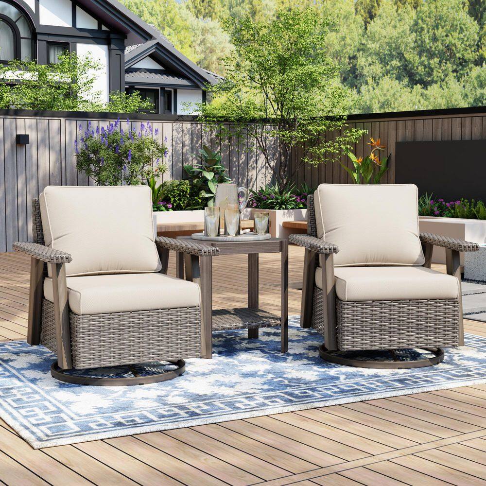 3-Piece Wicker Outdoor Chat Set Patio Swivel Rocking Chair Set with Side Table and Beige Cushion price history on PriceWatchPro
