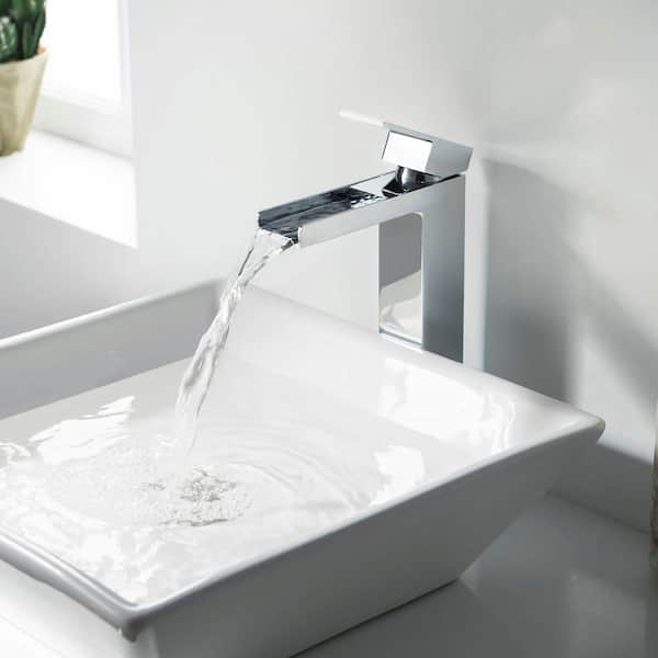 Single Hole Waterfall Single Handle Bathroom Vessel Sink Faucet with Pop Up Drain in Chrome