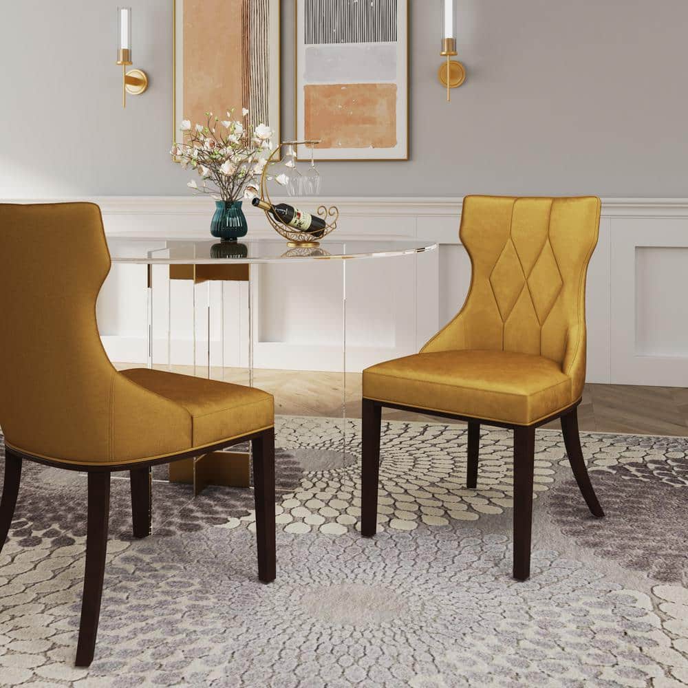 Antique Gold and Walnut Velvet Wingback Dining Chair Pair