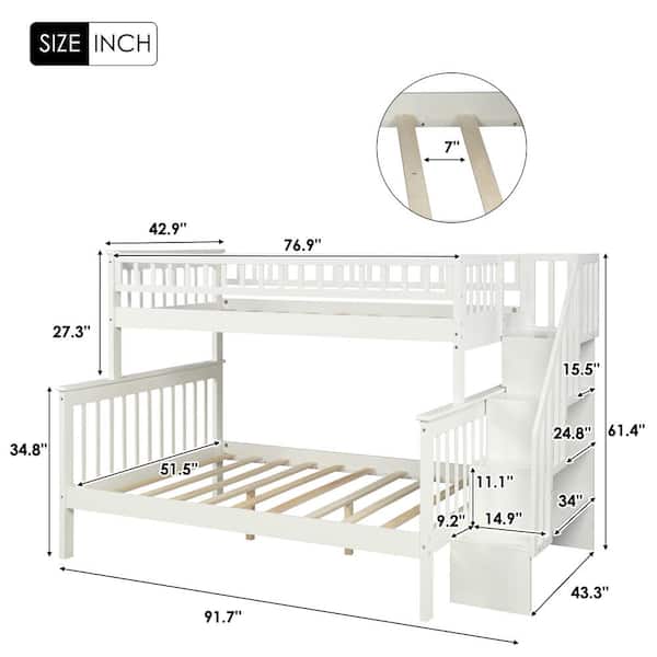 White Twin Over Full Stairway Bunk Bed, Full Size Bunk Bed Dimensions