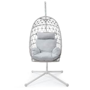 Egg Chair Hanging Rope Metal Chair Patio Swing with Pillow and Stand in White
