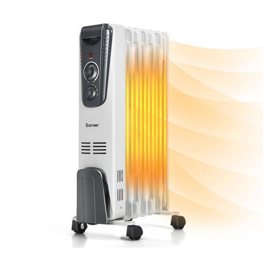White 1500W Oil-Filled Radiator Heater with Thermostat and Auto Shut-off