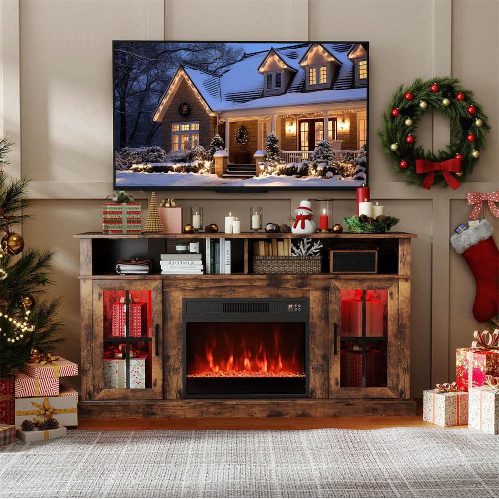 58 in. Freestanding Wooden Smart Electric Fireplace TV Stand in Rustic Brown with LED Lights price history on PriceWatchPro