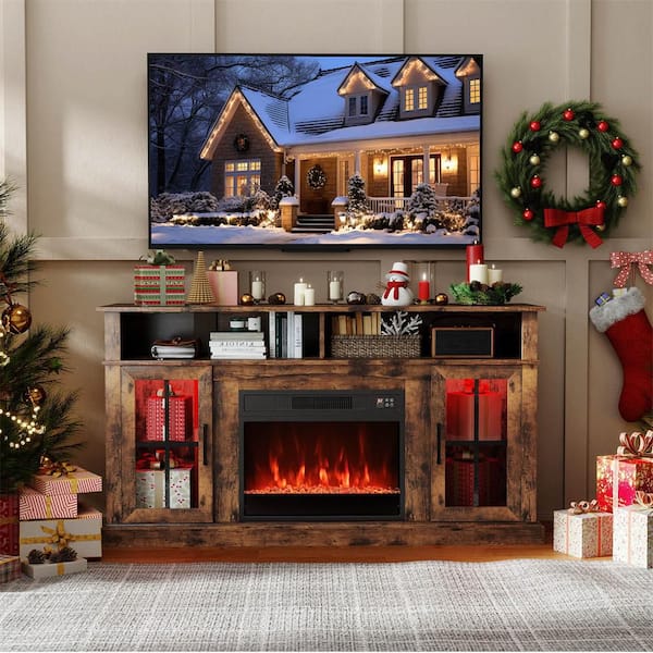 58 in. Freestanding Wooden Smart Electric Fireplace TV Stand in Rustic Brown with LED Lights