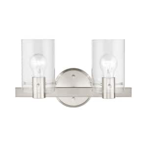 Alexander 14.5 in. 2-Light Brushed Nickel Vanity Light with Clear Glass