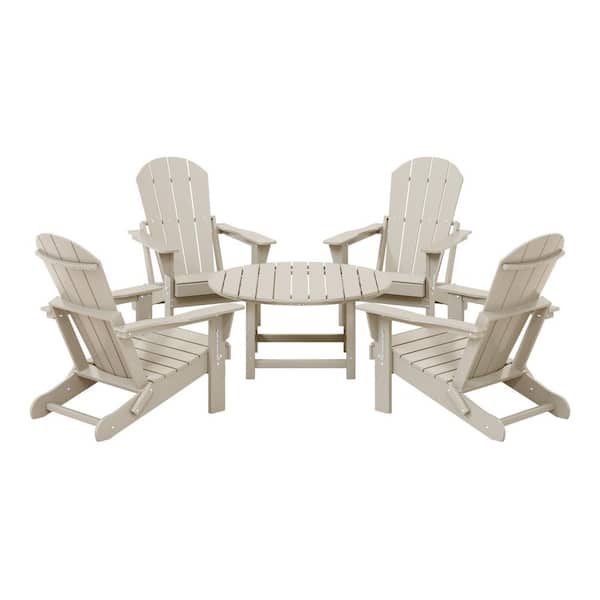 Laguna Sand Fade Resistant 5-Piece Plastic Adirondack Chair Outdoor Patio Conversation Set With Round Coffee Table