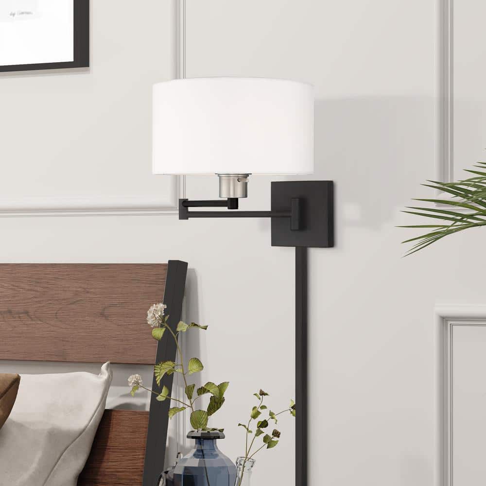 Sleek Transitional Black Swing Arm Wall Lamp with Off-White Fabric Shade