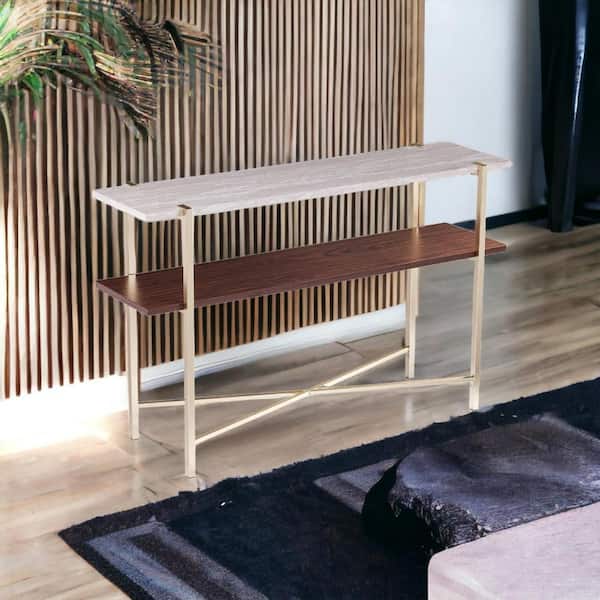 HomeRoots 19 in. Gold Rectangle Faux Marble Console Table with Shelves