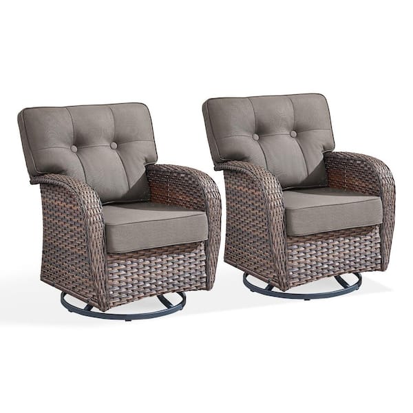 Modern Seaside Series 2-Piece Patio Wicker Swivel Outdoor Rocking Chair with Gray Cushions