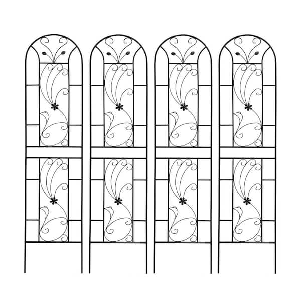 Zeus & Ruta Metal Garden Trellis 86.7 in. x 19.7 in. Rustproof Trellis for Climbing Plants Peacock Style, Black (4-Pack)