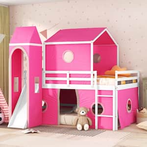 Pink Full Size Wood Bunk Bed with Slide, Tent, Tower and Ladder