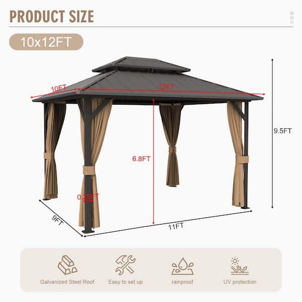 10 ft. x 12 ft. Aluminum Hardtop Gazebo with Double Galvanized Steel Roof, Netting and Curtains for Patio and Backyard