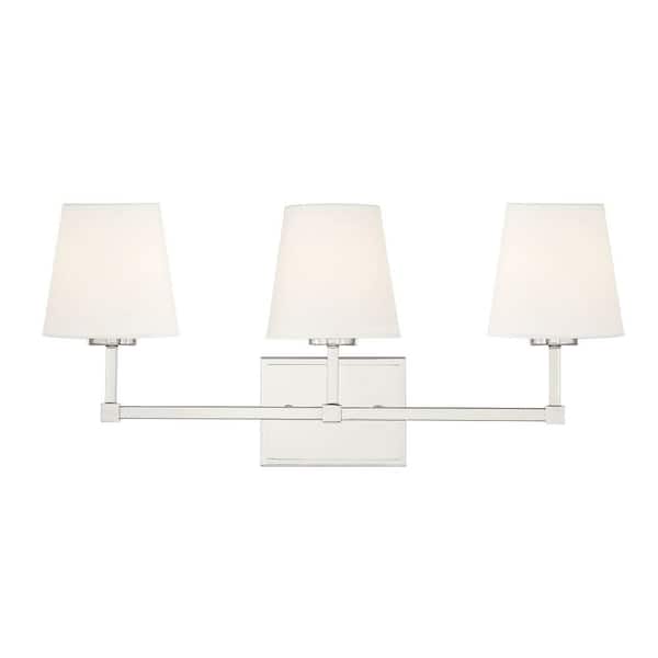 24 in. W x 9.5 in. H 3-Light Polished Nickel Bathroom Vanity Light with White Linen Fabric Shades