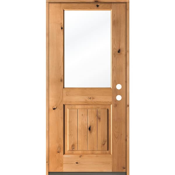 Krosswood Doors 32 in. x 80 in. Rustic Knotty Alder Wood Clear Low-E Half-Lite Clear Stain/V-Groove Left Hand Single Prehung Front Door