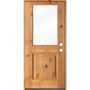 36 in. x 80 in. Rustic Knotty Alder Wood Clear Low-E Half-Lite Clear Stain/V-Groove Left Hand Single Prehung Front Door