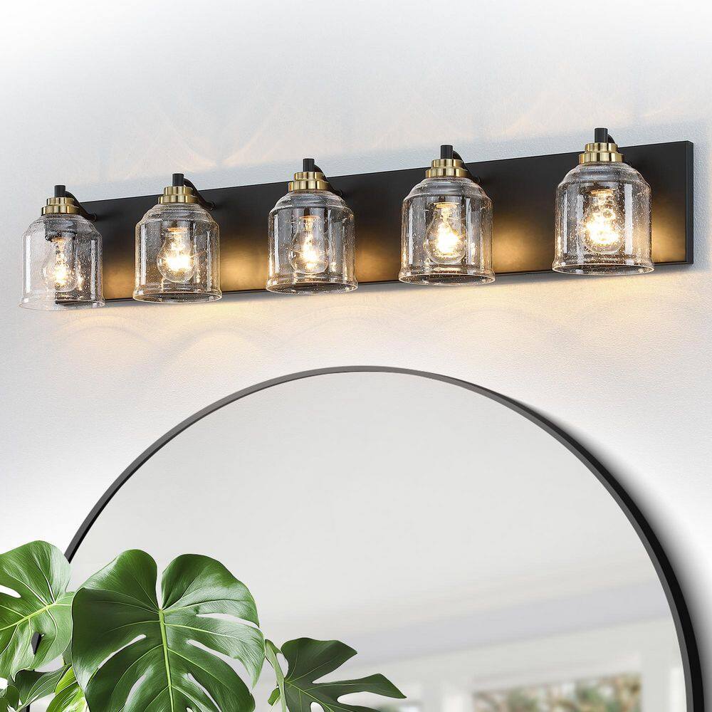 Modern 40 in. 5 Light Matte Black and Gold Metal Bathroom Vanity Light with Clear Seeded Glass Shades price history on PriceWatchPro